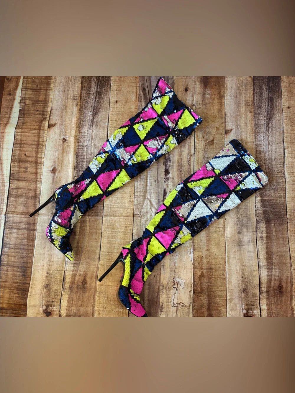 Over-The-Knee Sequin Geometric Stiletto Boots in Neon Multi / Color Changing